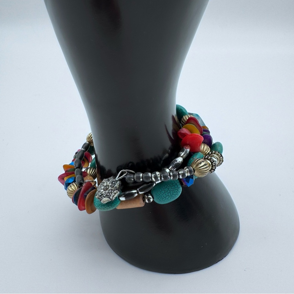 Multi Color Silver Beaded & Stone Wrap Bracelet